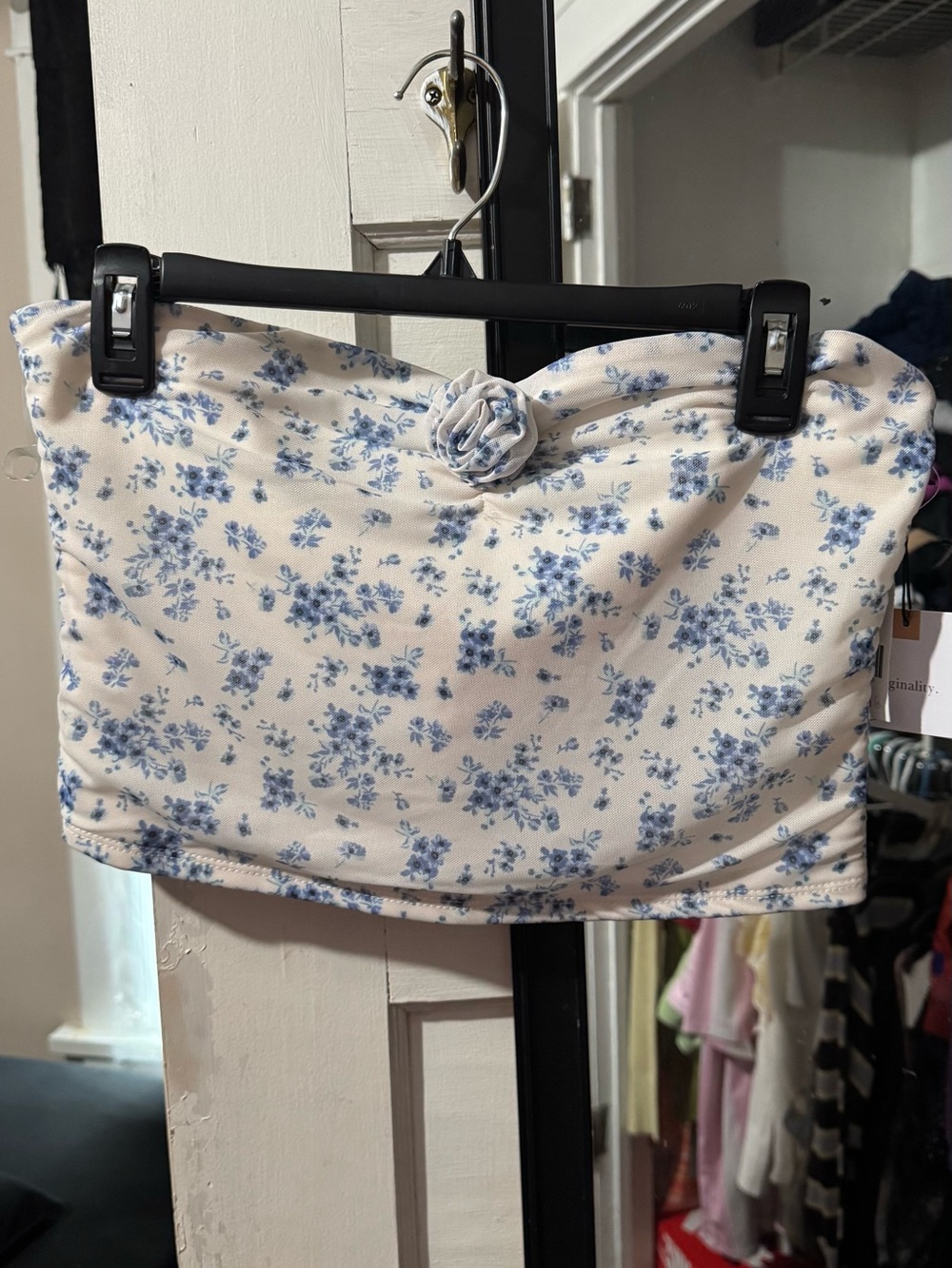 Floral Strapless Bandeau Top in White and Blue